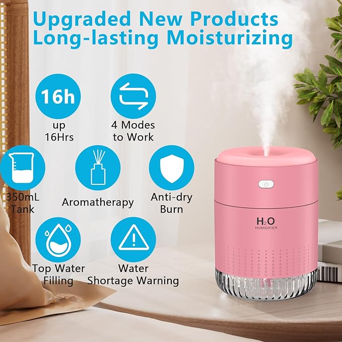 Colorful Mini Humidifier, USB Rechargeable Humidifier, 4 Modes Super Quiet, Humidifiers For Bedroom,Suitable For Travel Office Family-Rose Pink