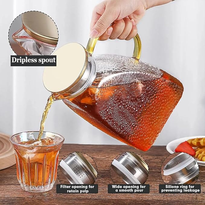 1.8L Glass Pitcher with Stainless Steel Gold Lid - Ideal Fridge Door Water Pitcher for Hot or Cold Beverage, Iced Tea, Juice, Milk, Coffee, Lemonade