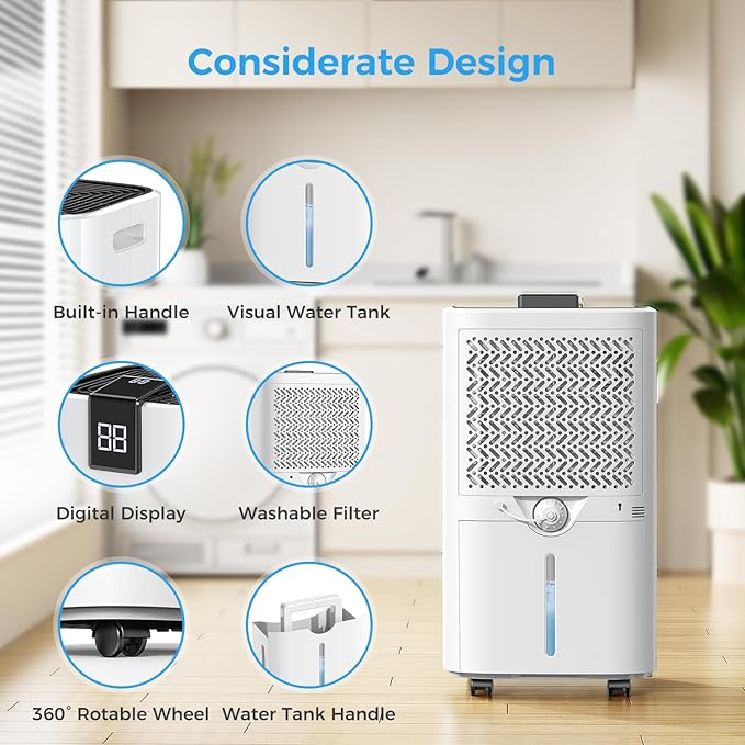 4000 sq.ft Dehumidifier for Basement, Trazico 45 Pint Dehumidifiers for Home with Drain Hose, Smart Humidity Control, 24H Timer, Auto Defrost, Ideal for Large Room, Bathroom, Bedroom, Garage, Black