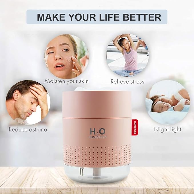 Portable Small Humidifier,500ml Air Humidifier for Plant,Night Light Function,Super Quite,Auto Shut-Off,USB Personal Cool Mist Humidifier for Bedroom,Baby Room,Office,Travel,Car,Home(Pink)