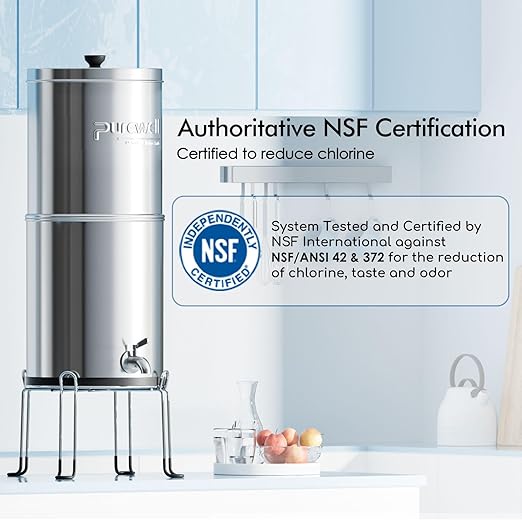 Purewell 3-Stage Gravity Fed Water Filter System, 2.25 Gallon Stainless Steel Countertop System with 2 Washable Ceramic Filters and Stand, Reduce up to 99% Chlorine, PW-OBT