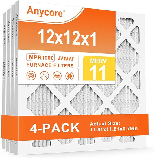 12x12x1 Air Filter MERV 11 (4-Pack) MPR 1000 FPR 7 AC HVAC Furnace Pleated Filters for Home Office (Actual Size: 11.81x11.81x0.79 inch)