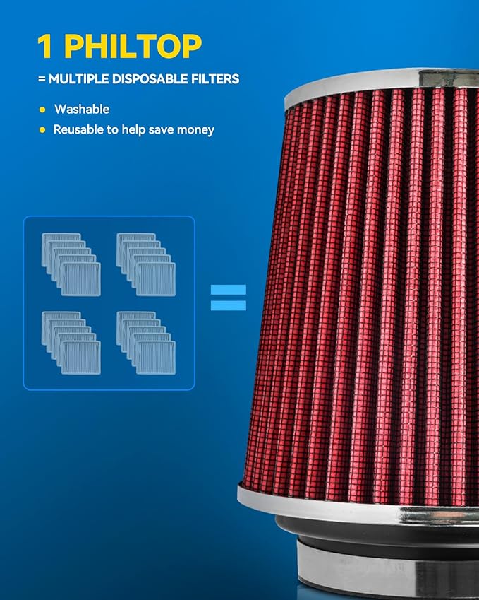 PHILTOP Universal Clamp-On Air Intake Filter, Replacement Air Filter: High Flow Air Filter 4-Inch Round Tapered Air Intake Filter - Washable, High Performance, 3" or 3.5" or 4" adjustable fitting