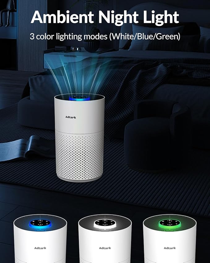 2 Pack Air Purifiers for Home Bedroom, ADTARK Air Cleaner with H14 True HEPA 3-in-1 Filter, Sleep Mode & Aroma Function, 3 Light Modes, Room Air Purifier with 3 Timer for Office, Dorm, Hotel (White)