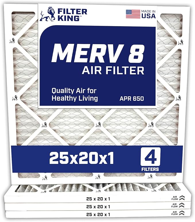 Filter King 25x20x1 Air Filter | 4-PACK | MERV 8 HVAC Pleated A/C Furnace Filters | MADE IN USA | Actual Size: 25 x 20 x .75"