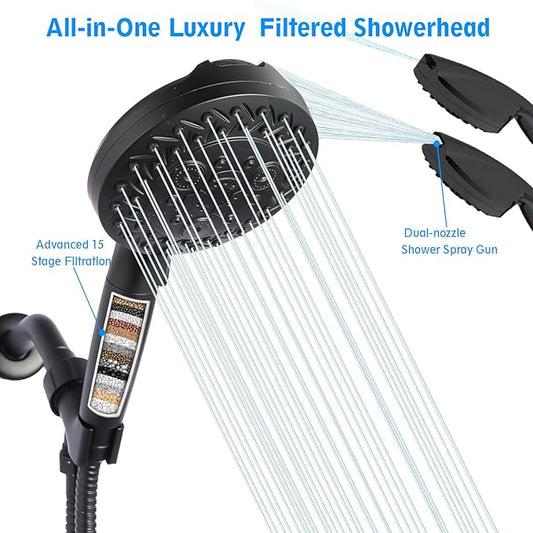 All-in-One Detachable Filtered Shower Head with Handheld,10 Spray Modes,Built-in 2 Power Wash,High Pressure Shower Heads with Filter for Hard Water (Filter, Black)
