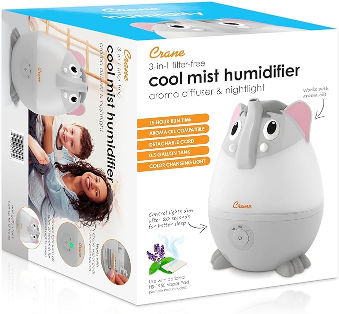 Crane Adorables Ultrasonic Mini Humidifiers for Bedroom and Baby Nursery, 5 Gallon Cool Mist Air Humidifier for Large Room or Kid's Room, Humidifier Filters Optional, Mini Elephant