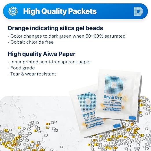 Dry & Dry 3 Gram[100 Packets] Orange Indicating Silica Gel Packets Desiccant Dehumidifiers - Food Safe Silica Packs, Silica Gel, Moisture Absorbers, Silica Packets, Desiccant Packs