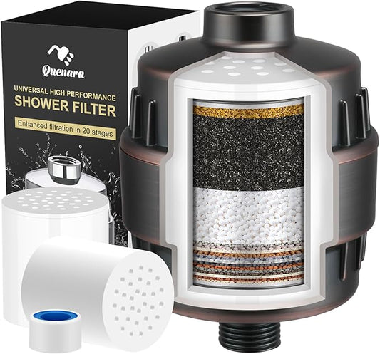 20-Stage Shower Filter, High Output Shower Head Filter for Hard Water with 2 Cartridges, Water Softener Reduces Dry Skin, Dandruff, Eczema and Improves Skin, Hair and Nails, Bronze
