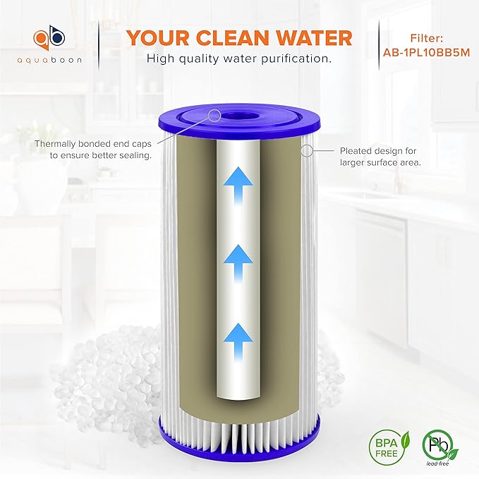 Aquaboon 5 Micron Pleated Sediment Water Filter 10 x 4.5 Cartridge - Whole House Water Filter Replacement - Whole House Water Filters Cartridges Compatible with Well Filters FXHSC, R50-BBSA, 4-Pack