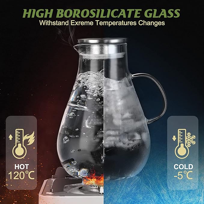 Glass Pitcher with Lid,3000ml - Hot/Cold Water Jug, Juice and Iced Tea Beverage Carafe