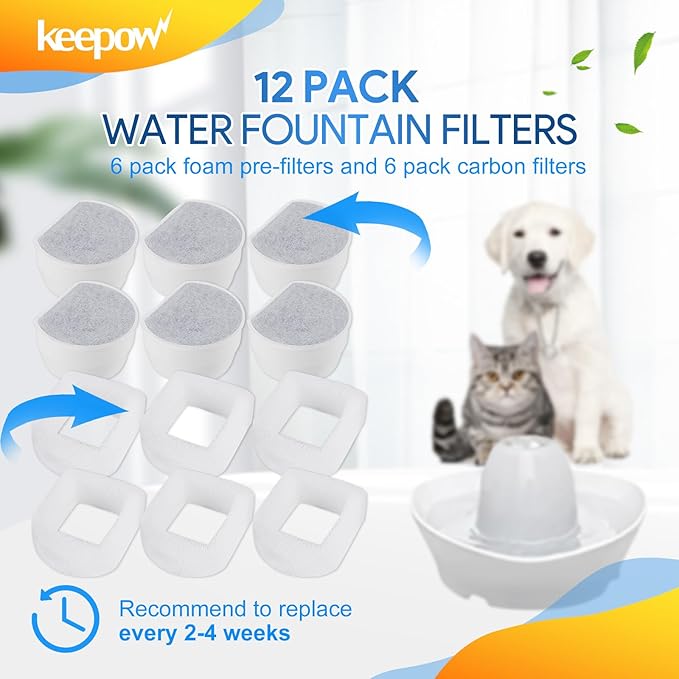 KEEPOW Cat Water Fountain Filters - 12 Pack Foam & Carbon Filters for Drinkwell 1.5/2 Gallon Fountains, Seaside, Creekside, Butterfly, Seascape, Pagoda, Avalon, Sedona
