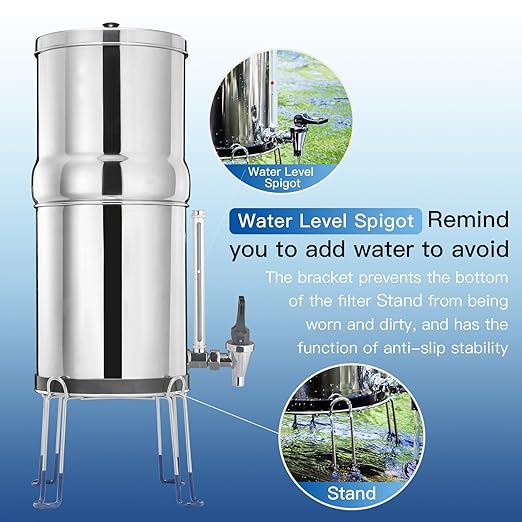 Gravity-Fed Water Filter System, 3.25G Stainless-Steel Countertop System with 2 Black NSF/ANSI 42 Certification Elements, 2 Fluoride, Metal Water Level Spigot, Reduces Fluoride and Chlorine