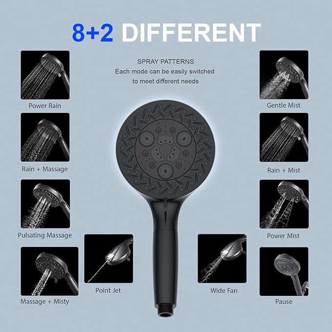 All-in-One Detachable Filtered Shower Head with Handheld,10 Spray Modes,Built-in 2 Power Wash,High Pressure Shower Heads with Filter for Hard Water (Filter, Black)