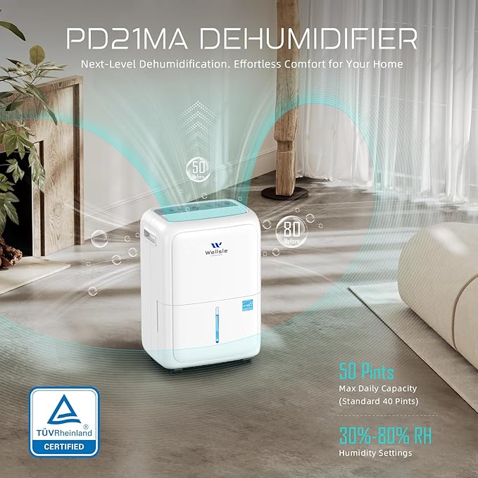 Most Efficient Energy Star Dehumidifier with 1.59 Gallon Water Tank, 52 Pint Dehumidifiers for Basement and Home with Drain Hose, Smart Humidity Control for Bedroom with 24HR Timer