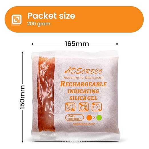 Adsorbco Rechargeable 200 Gram 2 Packs Desiccant, Indicating Silica Gel Packets, Moisture Absorbers for Storage, Gun Safe Dehumidifiers
