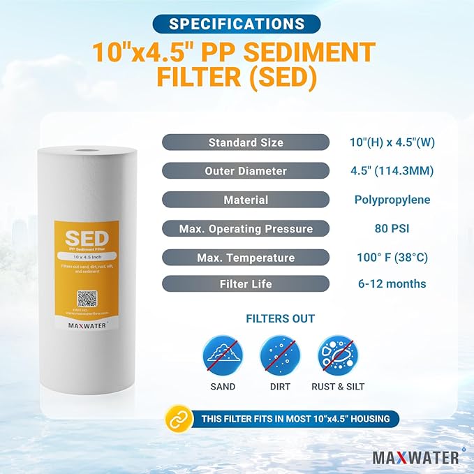 10BB PP Sediment Replacement Water Filter Whole House 1, 5 or 10 Micron 4.5" x 10" Cartridges Compatible with any 10" BB Filter Housings or Whole House Systems (2 Count, 5 Micron)