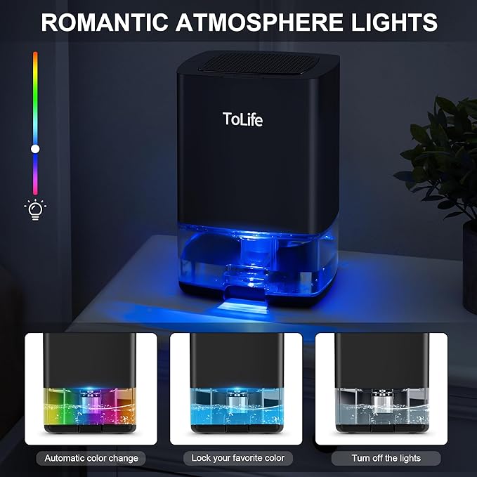 ToLife Dehumidifiers for Home 30 OZ Water Tank with Auto-Off 500 sq.ft Portable Small Dehumidifier for Bathroom Bedroom RV Closet Room 7 Colors LED Light, Black
