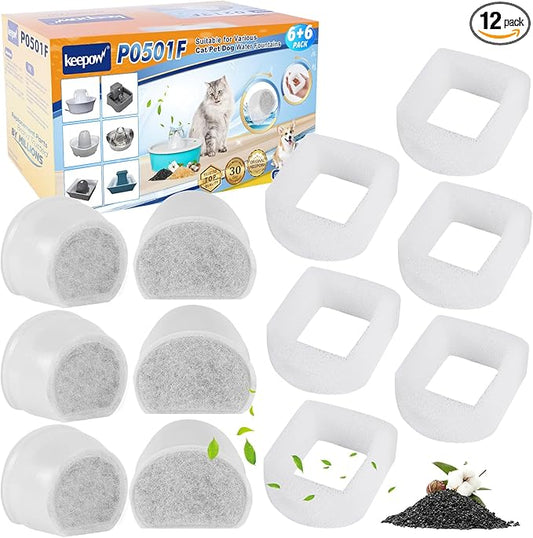 KEEPOW Cat Water Fountain Filters - 12 Pack Foam & Carbon Filters for Drinkwell 1.5/2 Gallon Fountains, Seaside, Creekside, Butterfly, Seascape, Pagoda, Avalon, Sedona