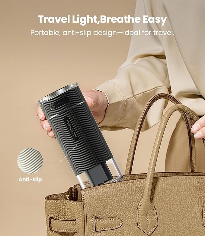 WSKEN Portable Small Humidifier for Bedroom - [Dual Nozzle Large Cool Mist] [Ambiance Lighting] [Car Smart On/Off] Ultrasonic Mini Personal Desk Air Humidifiers for Travel Office Baby Room,Black