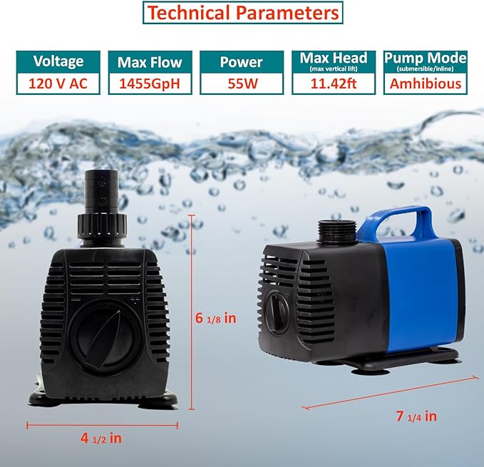 1190 GPH Submersible Pump(4500L/H,75W) Ultra Quiet Adjustable Amphibious Internal External Water Pump for Pond,Aquarium,Fish Tank,Fountain,Hydroponics,Statuary,Sump Pump - 5 Pcs