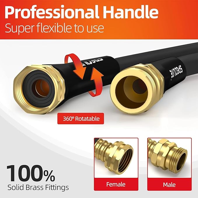Garden Water Hose 75 ft x 5/8 in Heavy Duty, Flexible and Lightweight, Burst 600 psi, Kink-less Hybrid Rubber Pipe for Backyard, 3/4'' Brass Fittings,Black