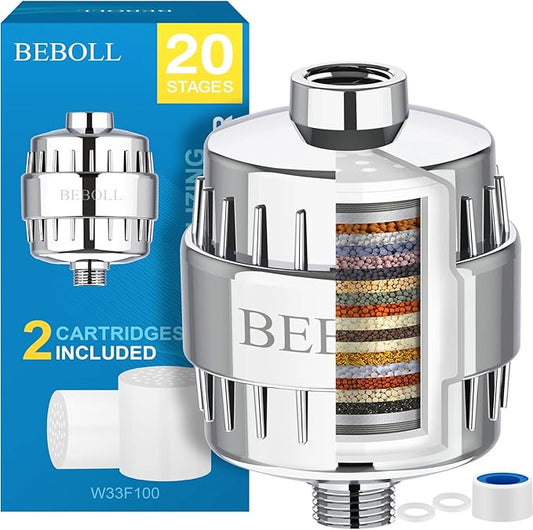 20 Stage Shower Filter With 2 Cartridges, Shower Head Filter for Hard Water, Remove 99% Chlorine, Fluoride, Heavy Metals, High Output Shower Water Filter Improves Your Skin, Hair and Nails