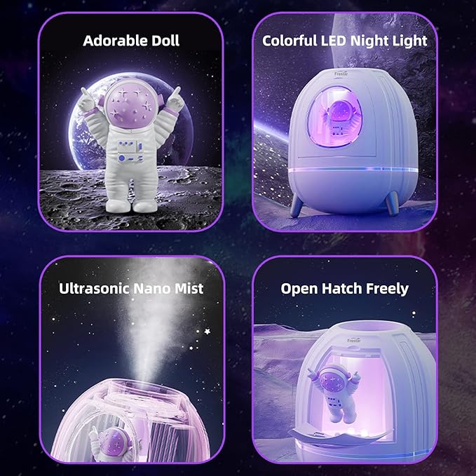 Mini USB Humidifier 250ml with 7 Colors LED Night Light, Small Humidifier for Kids, Plant, Bedroom, Office, Desk, Babies Room, No Battery (White - Spaceman)