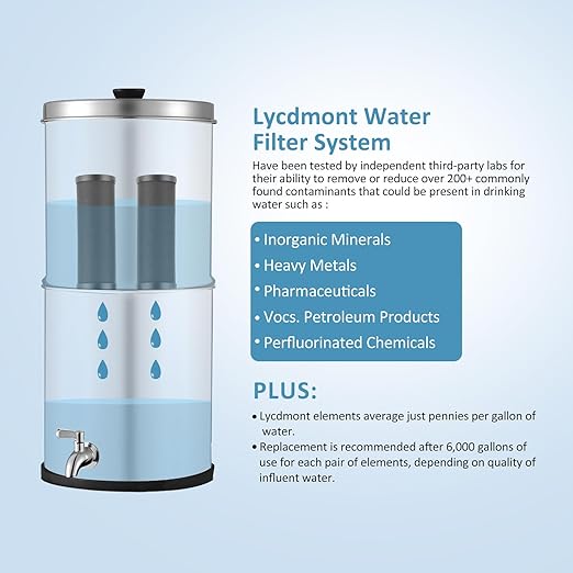 2.25G Ultra-Filtration Gravity Water Filter System，304 Stainless Steel Countertop System with 2 Carbon Filters and Stand ，NSF/ANSI 42 Certification，Reduce 99.9% Chlorine