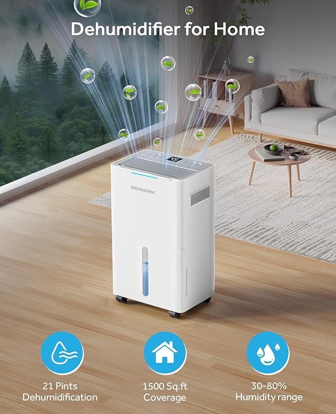 21 Pints Dehumidifier for Basement - 1500 Sq.ft Dehumidifiers for Home, Bedroom & Bathroom with Continuous Drain Hose, Intelligent Humidity Control, 3 Smart Modes Deshumidificador (White)