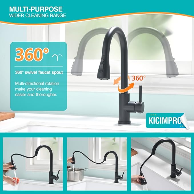Kicimpro Matte Black Kitchen Faucet with Pull Down Sprayer, 304 Stainless Steel, 23-Inch Extended Hose Design, Three Water Functional Ways, Easy Installation