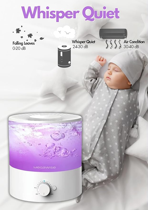 MEGAWISE Sleek 2L Humdifier for Bedroom, Baby,Plant, 24dB Cool Mist Ultrasonic humidifiers, Colorful Night Light, Top-Refill 1 Gal Essential Oil Diffuser, Auto Shut Off