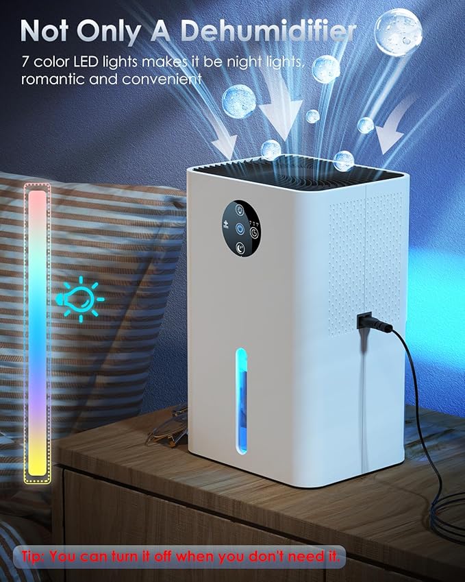 Dehumidifier for Basement, Quiet Dehumidifiers for Home with Auto Shut Off, Auto Defrost, Timer, Sleep Mode, 7 Color Light Portable Small Dehumidifier for Bedroom, Bathroom, Closet, RV - White