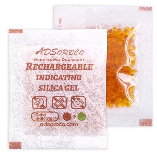 Adsorbco Rechargeable Desiccant, Indicating Silica Gel Packets, Moisture Absorbers for Storage, Gun Safe Dehumidifiers (160, 3g)