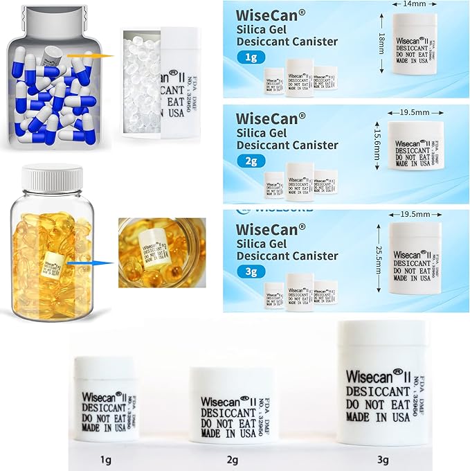 3 Gram 50 Pack Silica Gel Canister, Desiccant Canister, Silica Gel Capsules, Desiccant Capsules, Moisture Absorbers for Food Storage, Food Safe Dehumidifiers Wisecan
