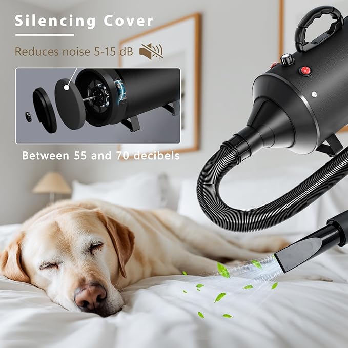High Velocity Blow Dryer for Dogs, 5.2HP/ 3800W Dog Hair Dryer Speed Temperature Adjustable，Dog Blow Dryer with Thickened Handle,Low Noise Dog Blower Grooming Dryer，4 Nozzles,1 Massage Brush,Black
