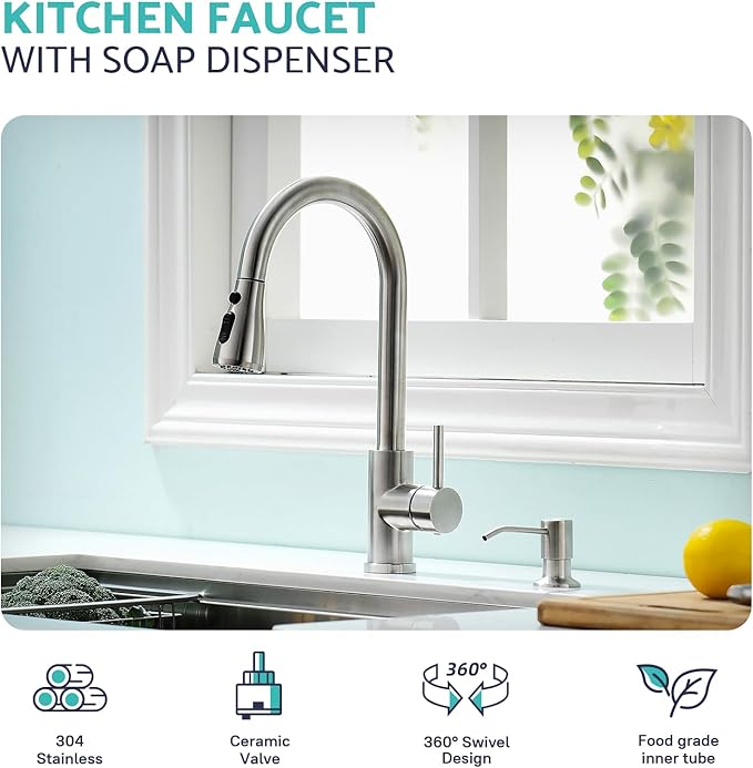 Kicimpro Kitchen Sink Faucet with Soap Dispenser, 3 Modes Kitchen Faucet with Pull Down Sprayer and Soap Dispenser, 304 Stainless Brushed Nickel Single Handle Kitchen Bar Faucets with Water Lines