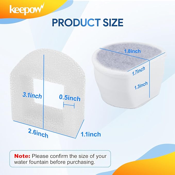 KEEPOW Cat Water Fountain Filters - 12 Pack Foam & Carbon Filters for Drinkwell 1.5/2 Gallon Fountains, Seaside, Creekside, Butterfly, Seascape, Pagoda, Avalon, Sedona