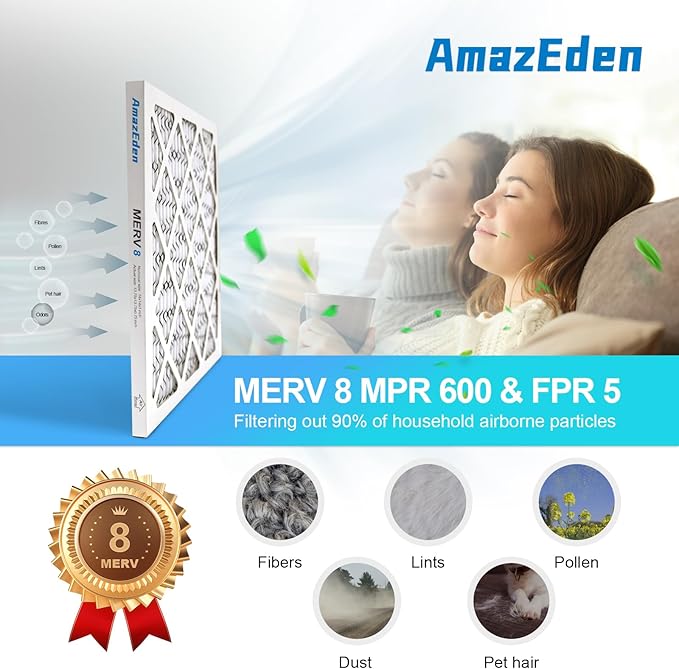 10x10x1 AC Air Filter MERV 8 (6-Pack) MPR 600 FPR 5 HVAC Furnace Pleated Filters Dust Defense Air Filters Replacement (Exact Dimensions: 9.81x9.81x0.81 Inches)