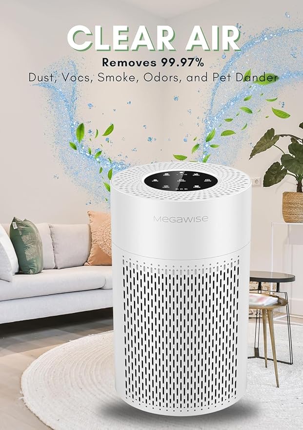 MEGAWISE 2025 Updated Version Smart Air Purifier for Home Large Room up to 1076ft², H13 True HEPA Filter with Smart Air Quality Sensor, Sleep Mode, Quiet for Smoke, Pets Hair, Odors, White