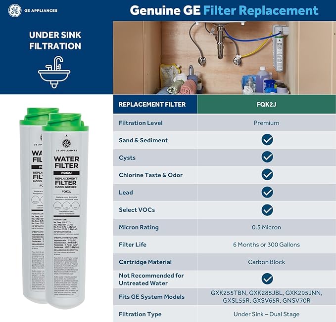 GE Dual Stage Under Sink Water Filtration System with Faucet, Reduces Lead, Chlorine & More, Easy Install, Twist & Lock Design, Replace Filters (FQK2J) Every 6 Months, GXK255TBN
