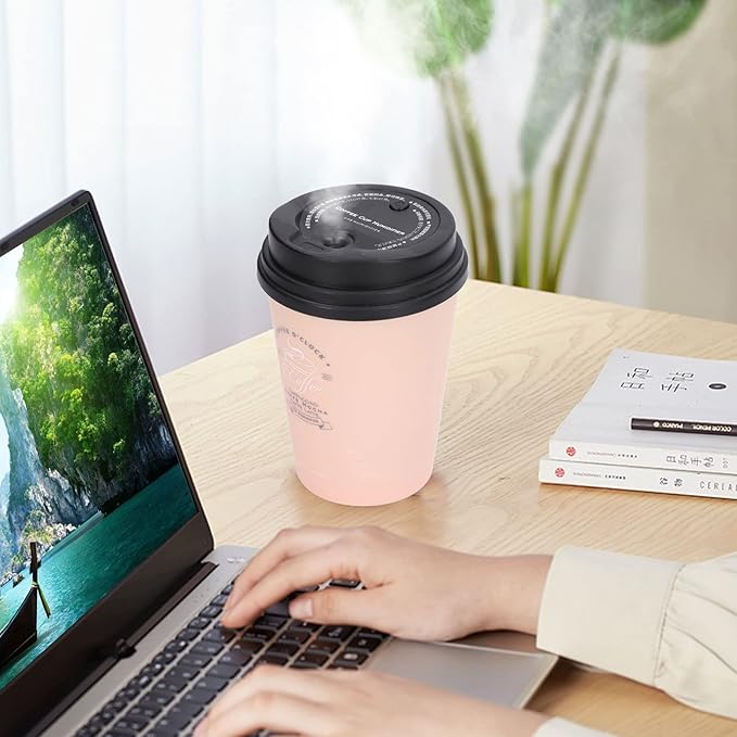 Mini Humidifier, USB 300ml Coffee Cup Low Noise Auto Off Desk Humidifier, Car Humidifier Diffuser, Small Humidifier, Portable Humidifier for Travel, Cute Humidifiers for Bedroom Home Office(Pink)