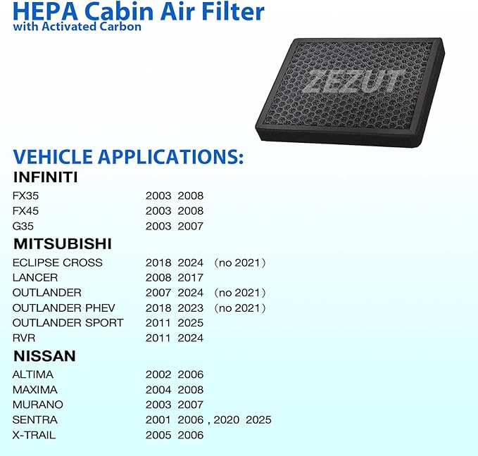 CF10140 Cabin Air Filter - Fits Infiniti FX35, FX45, G35 / Mitsubishi Eclipse, Lancer, Outlander, Altima, Maxima, Murano, Sentra, X-Trail | Honeycomb Structure, Durable, Activated Carbon (1 Pack)