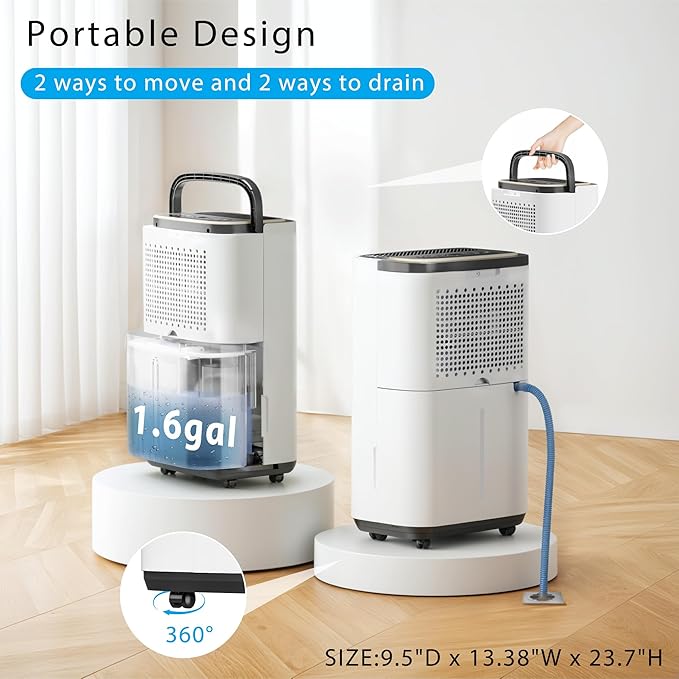 52 Pint Dehumidifier- 5000 Sq. Ft. Large Basement Dehumidifiers with Drain Hose for Large Rooms - Powerful Moisture Removal with Compressor- Dehu/Dry/Air Mode, LED Display,Timer, Child Lock