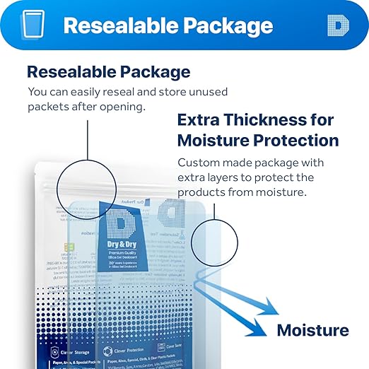 [80 Packets] 5 Gram "Dry & Dry" Premium Pure & Safe Silica Gel Packets Desiccant Dehumidifiers - Rechargeable Paper(FDA Compliant)