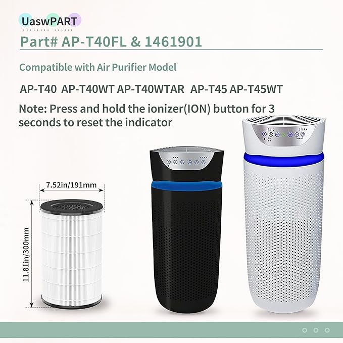 AP-T40FL Replacement Filter Compatible with1461901 HoMedics Air Pu-rifier Filter Replacement AP-T40 AP-T40WT AP-T45 AP-T45WT AP-T40WTAR w/Premium H13 True HEPA and Efficient Activated Carbon, 3-Pack