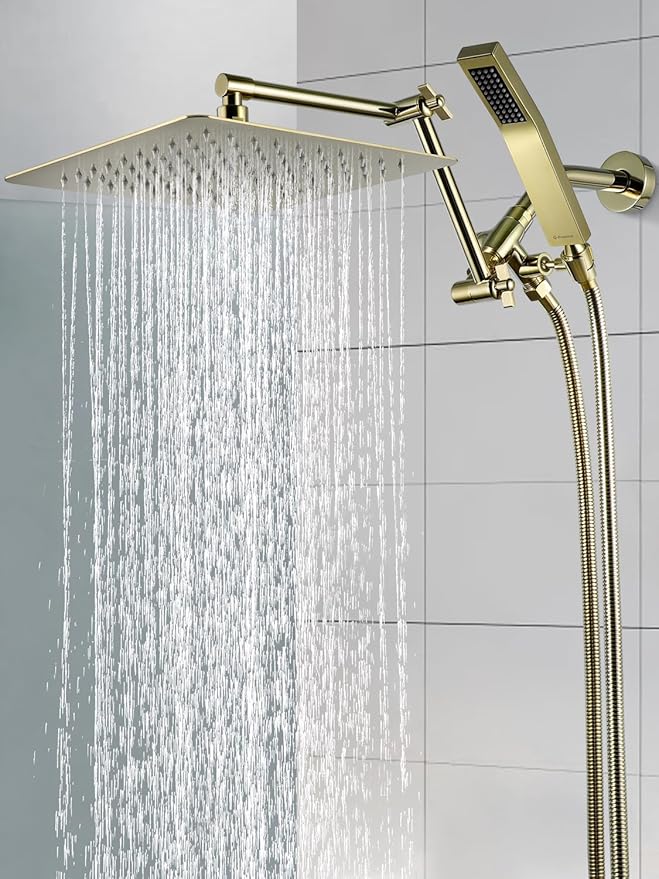 G-Promise All Metal 10 Inches Rainfall Shower Head with Handheld Spray Combo, 3 Settings Diverter, Adjustable Extension Arm with Lock Joints, 71 Inches Stainless Steel Hose (Polished Brass)