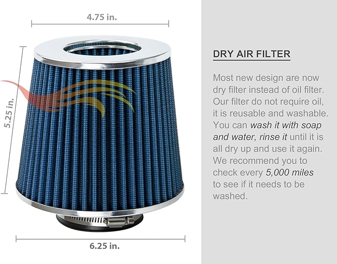 BLUE 6" 152 mm Inlet Truck Cold Air Cone Replacement Performance Washable Clamp-On Dry Air Filter (8" Tall)