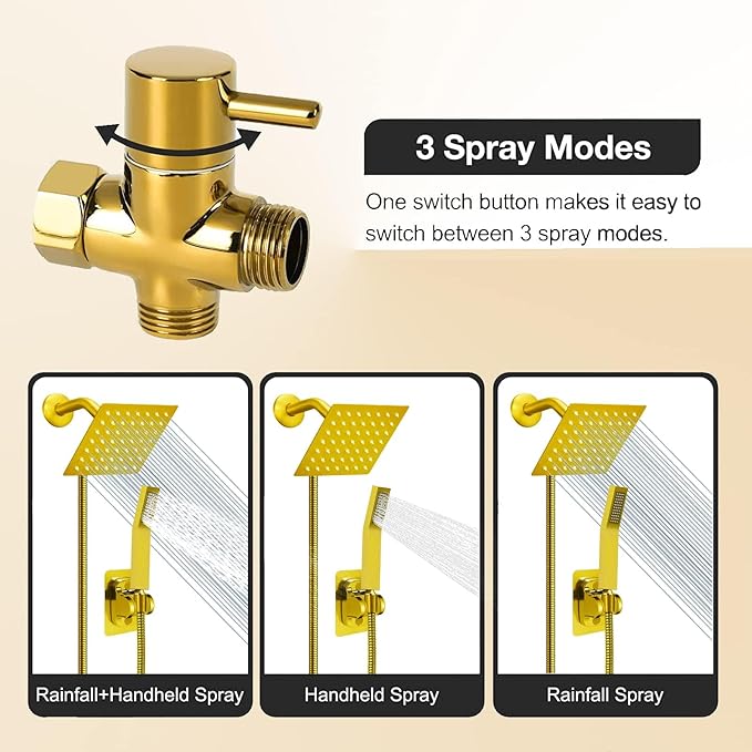 High Pressure Square Rain Gold Shower Head and Handle Shower Set.Equipped with 78" Stainless Steel Shower Hose, 3 Way Diverter Valve, Adhesive Shower Head Holder (Rainfall Shower Head Set AWAXFOLO)