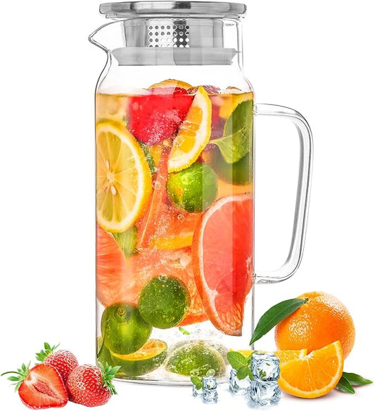 Glass Pitcher with Lid, 1200ml Leak Proof,Glass Water Jugs, BPA-Free,Microwave & Dishwasher Safe Pitcher,Sun & Iced Tea, Sangria,Cold Brew Coffee & More